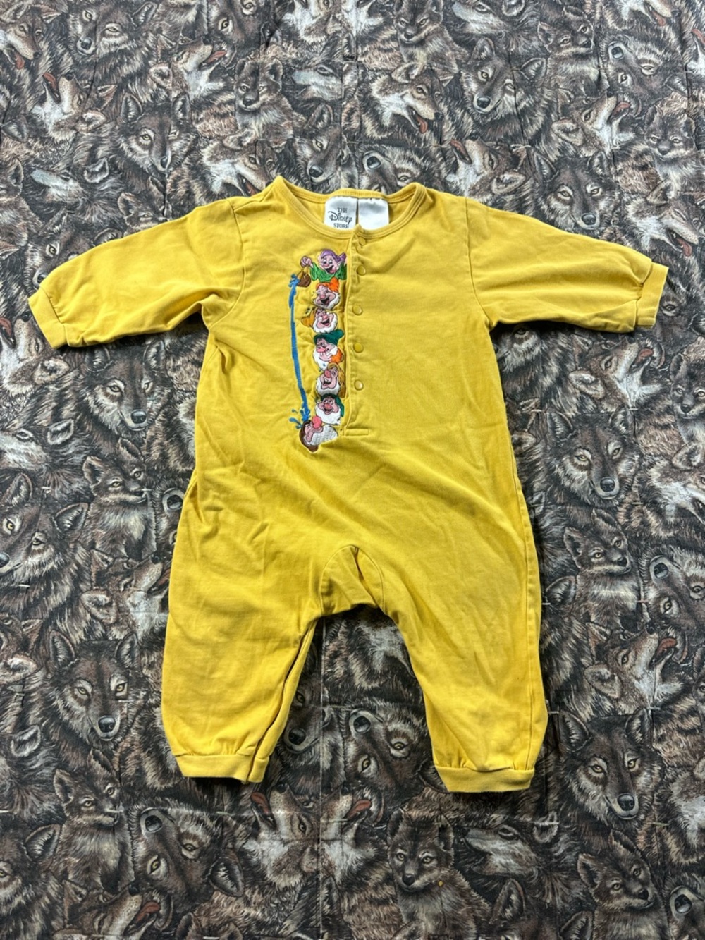 90s Disney Mustard Yellow Seven Dwarfs Embroidered Baby One-Piece